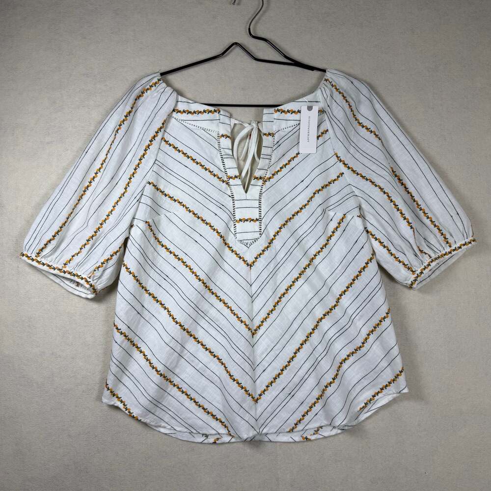 Maeve by Anthropologie Shirt Womens 12 Embroidered Fruit Puff Striped Blouse